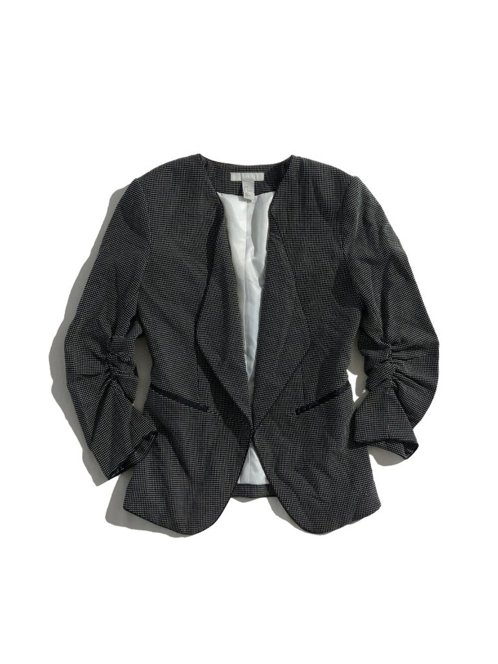 H&M Open Blazer Womens Size 6 Black White Dot Ruched Sleeve Lined Jacket